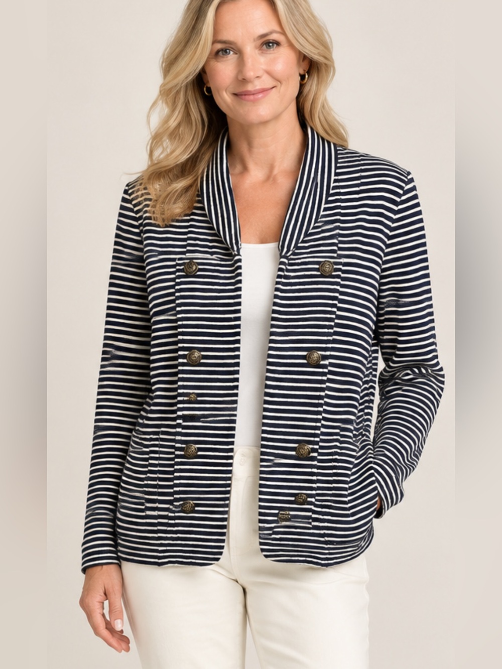 Tommy Hilfiger White Navy Striped Double-Breasted Women's Jacket